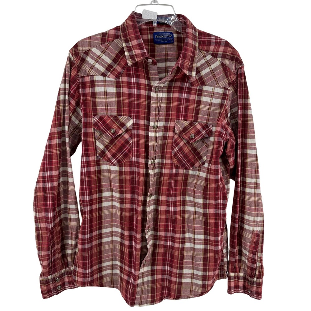 Pendleton Epic Shirt Mens Large Red Plaid Western Snap Front Cotton Long Sleeve